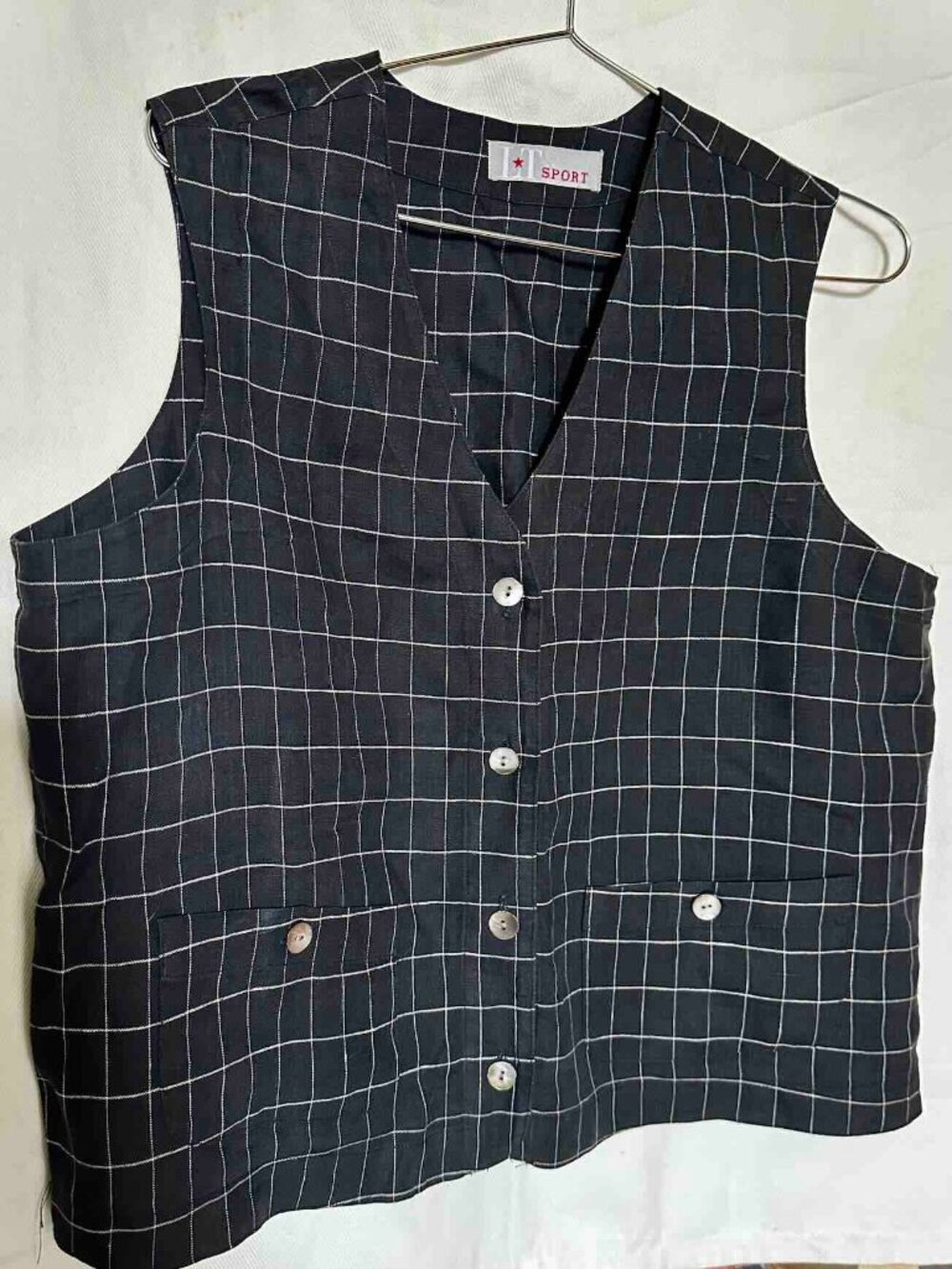 Vintage 100% Linen Vest LTSport 90s B&W Windowpane abalone buttons Like New
